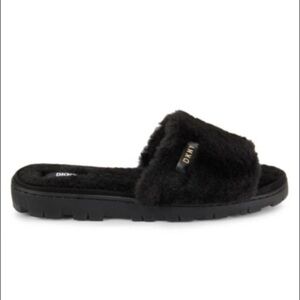 DKNY Black Plush Slippers Cozy Indoor Outdoor